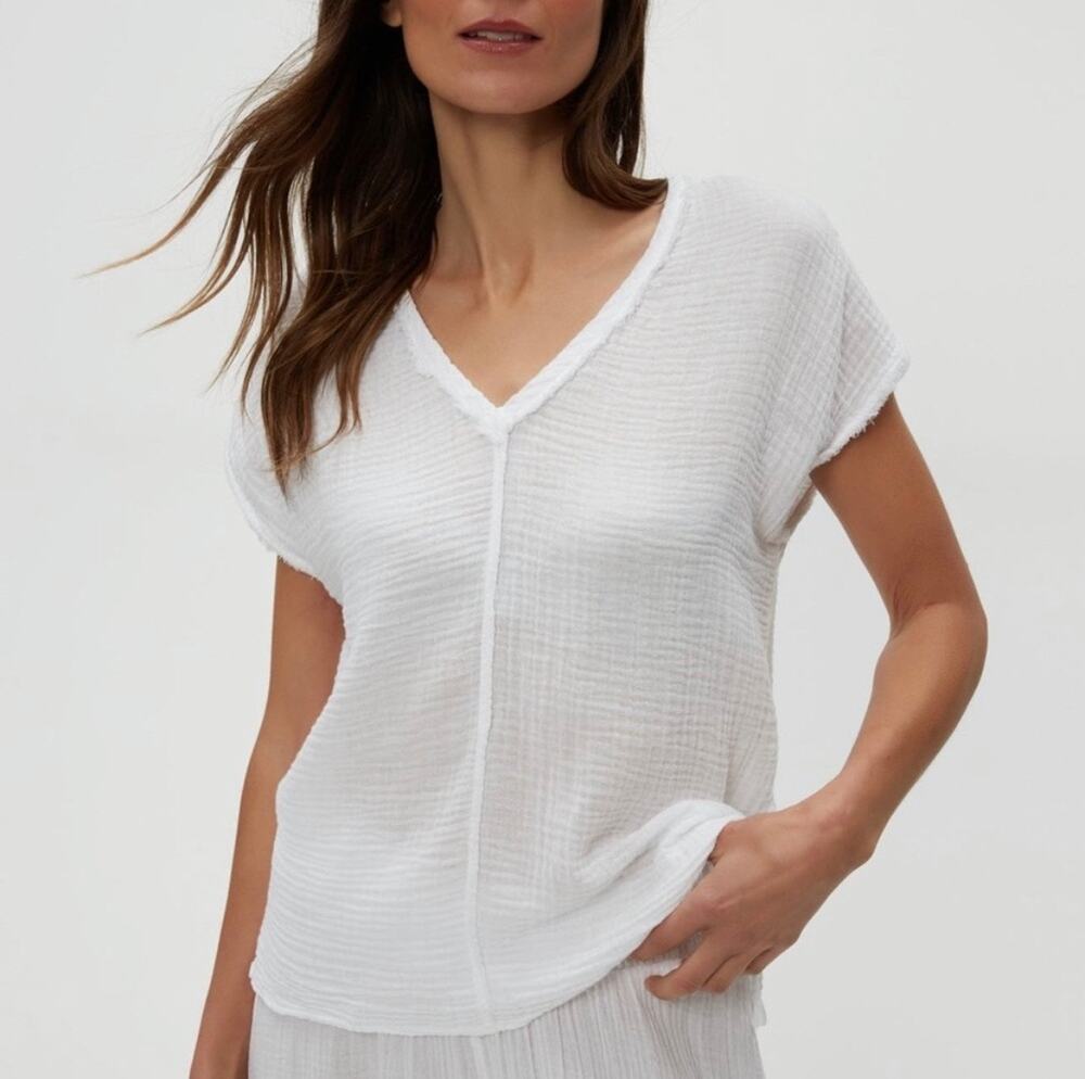 Michael Stars Draya Gauze Tee White 100% Cotton V-Neck Relaxed Top S Made USA